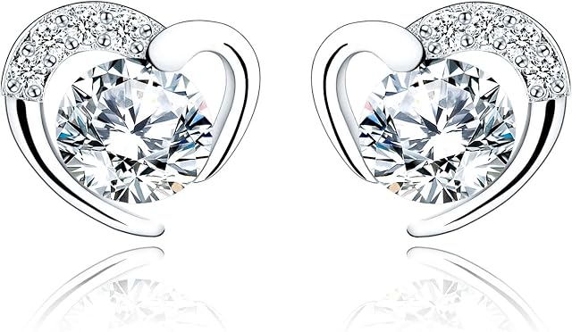 Silver Stud Earrings for Women Girls, Faux Diamond Heart StudsRound Teardrop White Gold Purple Halo Cubic Zirconia Stud EarringsDainty Jewellery Gifts for Her/Birthday/Brides/Bridesmaids/Wedding