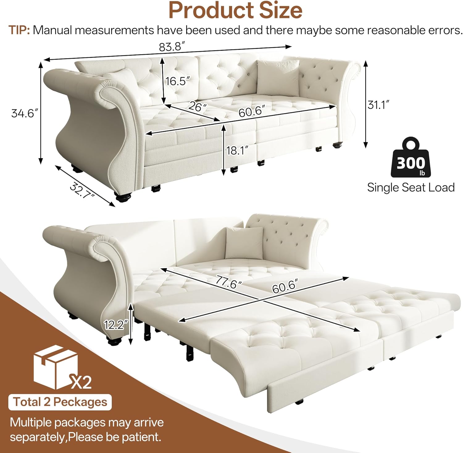 83.8" Queen Size Pull Out Sleeper Sofa Bed, 3-Seater Oversized Velvet Convertible Sofa Bed with Handmade Flower Tufted, Deep Seat Loveseat Couch with 2 Pillows, Couches for Living Room, Beige/White