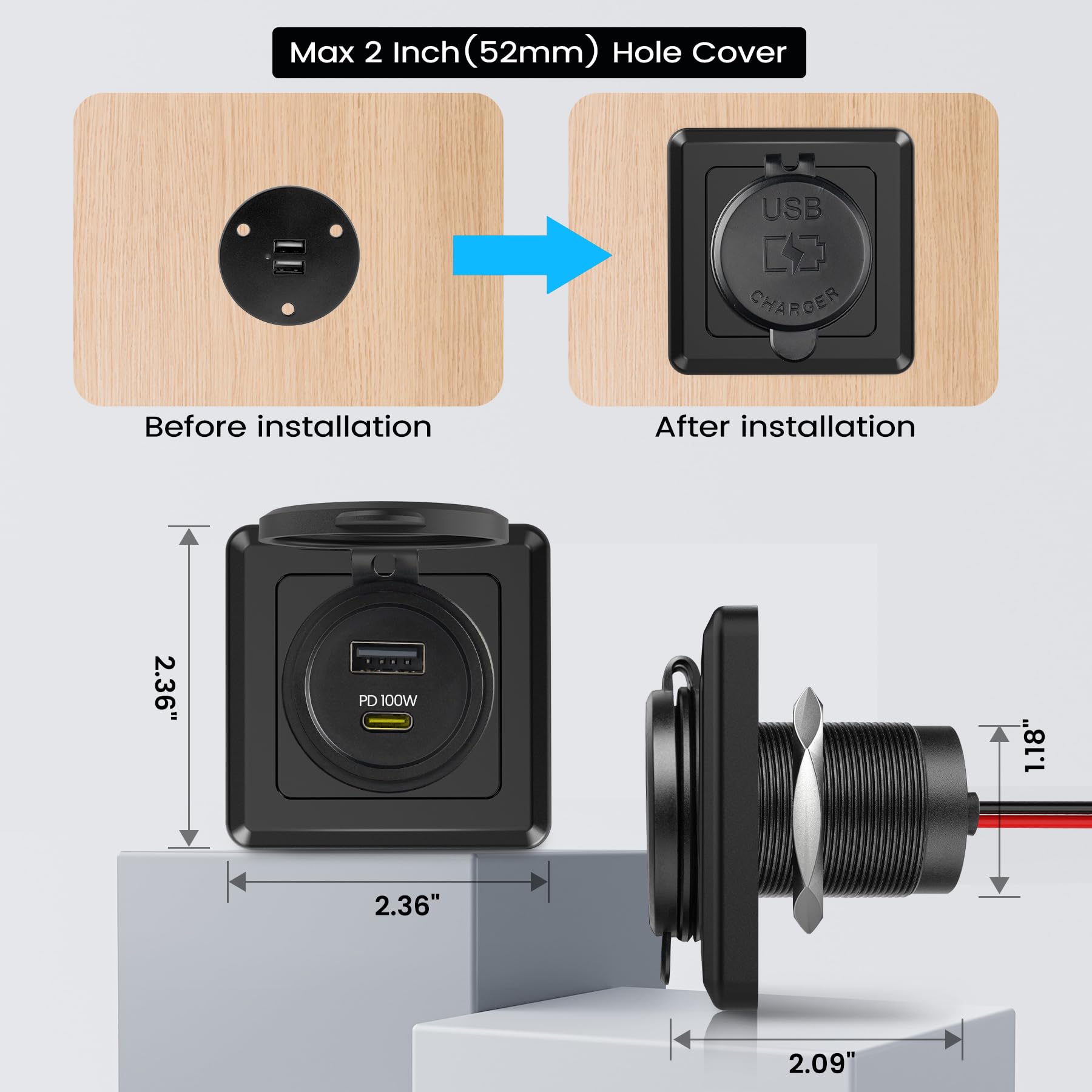 Prise USB 118 W pour véhicule récréatif 100 W PD et 18 W USB-A Double Port, puissante USB-C à Charge Rapide pour Ordinateur Portable, Tablette et téléphones, idéale pour Camping-Car, remorque