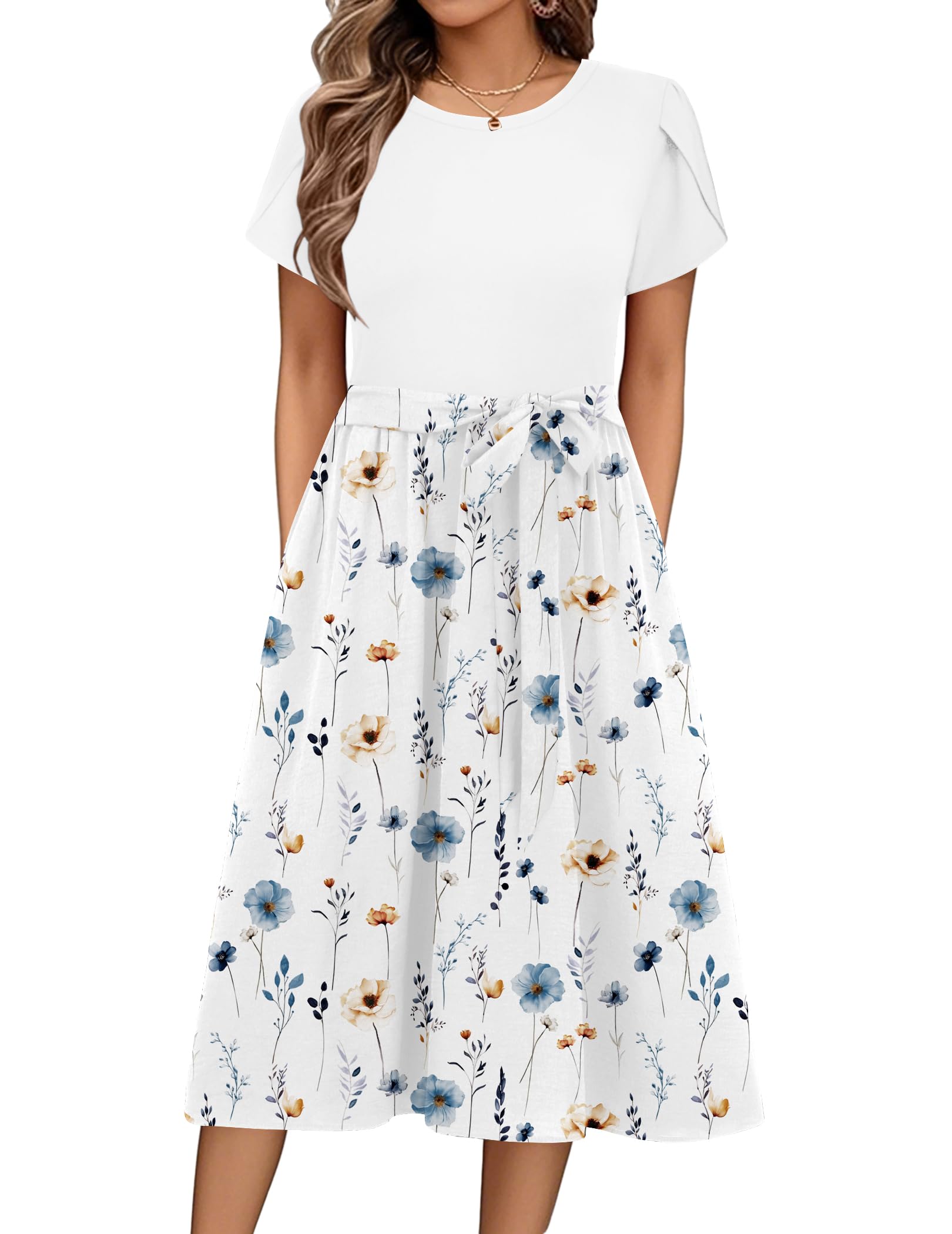 ZEAGOO Sommerkleid Damen Elegant Kleider Kurzarm Rundhals Midikleid A-Linie Blumenkleid Casual Tunika Kleid Hohe Taille Strandkleid mit Taschen S-XXL