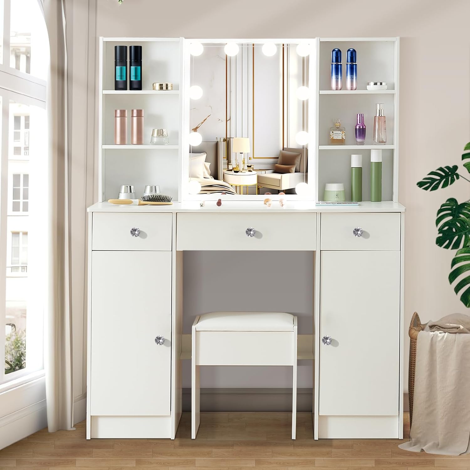Vanity Desk with Mirror and Lights, Makeup Table Table with 3 Drawers and 2 Doors, Makeup Table with Shelves and Stool, Large Vanity Set for Girls and Women, White