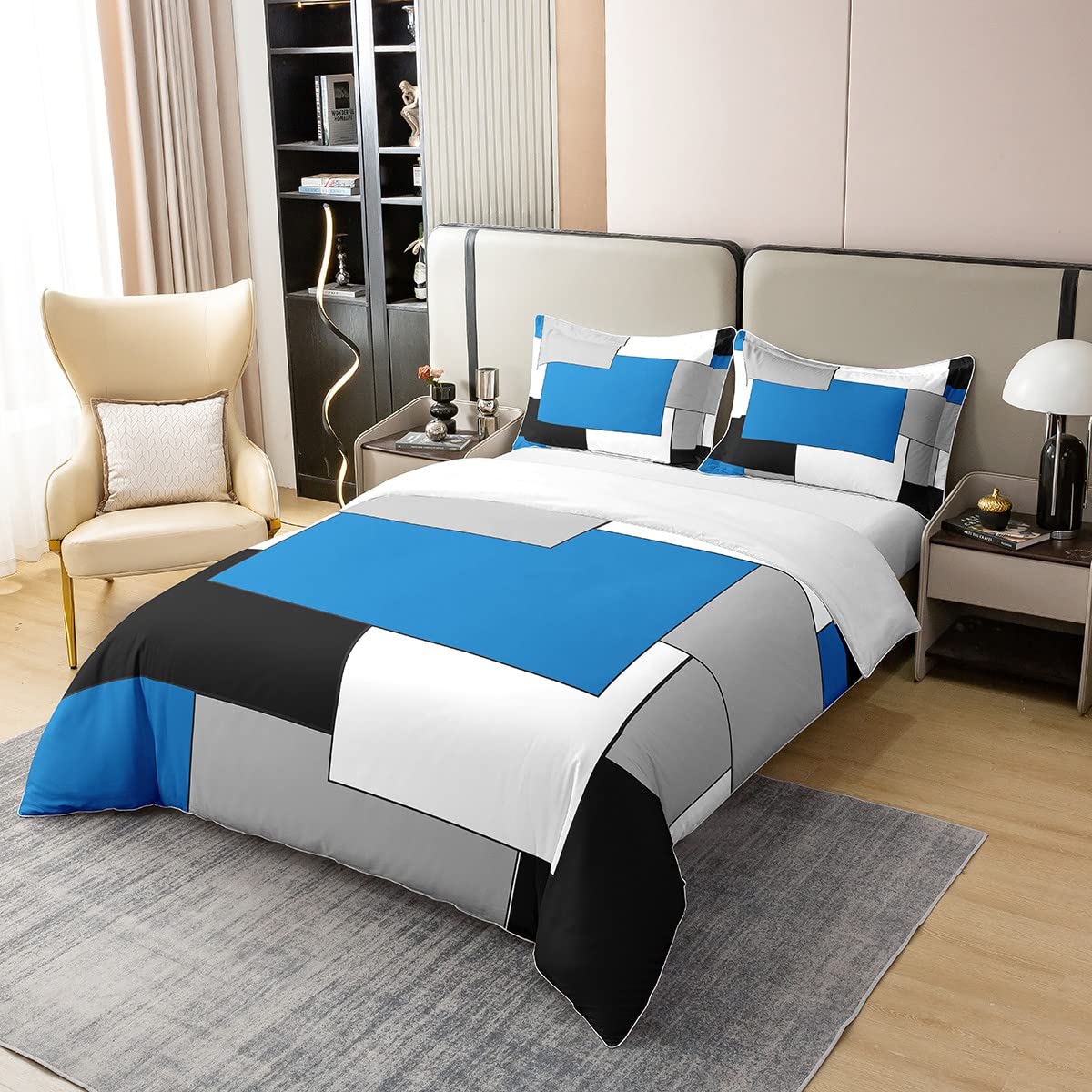 Geometryczny zestaw pościeli w 100% bawełnianej pościeli 200 x 200 cm - nowoczesny kwadratowy zestaw poszewek na kołdrę do sypialni damskiej - czarny, szary, biały wystrój - stylowy zestaw pościeli z