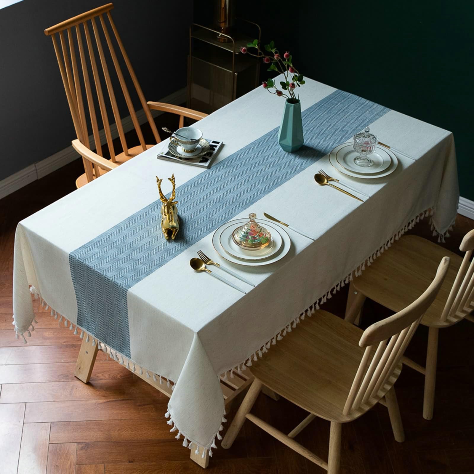 Gualiy Mantel Comedor Poliester, Mantel Mesa de Cocina 140x220CM Manteles de Mesa Antimanchas Rayas con Borlas Manteles para Mesa Comedor, Azul