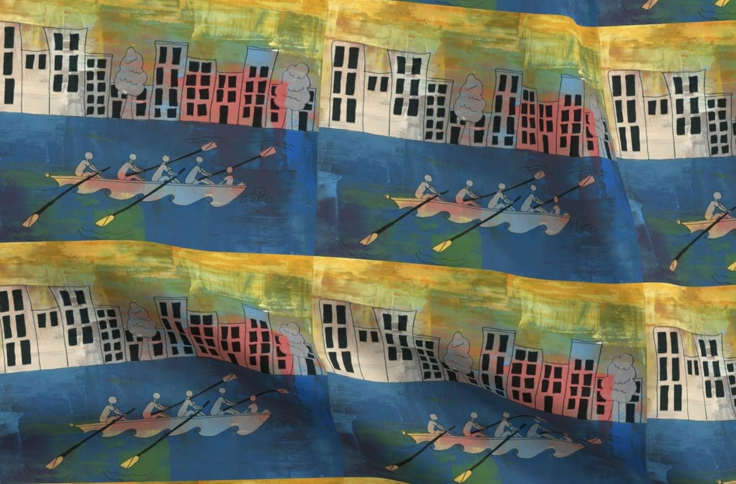 Spoonflower Fabric - City Boat Whimsical Printed on Upholstery Velvet Fabric Fat Quarter - Upholstery Home Decor Bottomweight Apparel