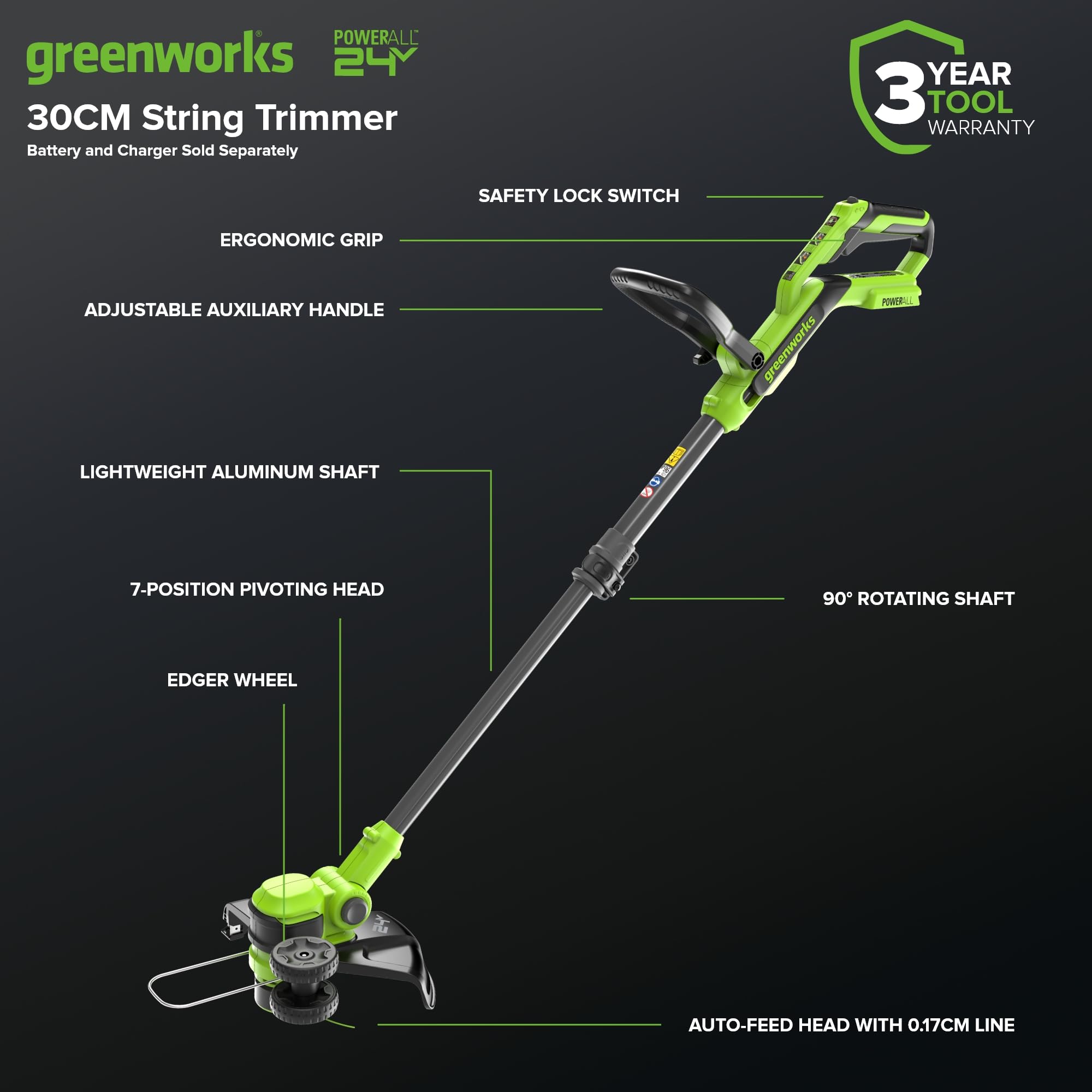 Greenworks 24V desbrozadora bateria, Anchura de Corte 30 cm, Cabezal Motor Giratorio e inclinable 90°, con Carrete de Cable y 20 Cuchillas de plástico, sin batería ni Cargador