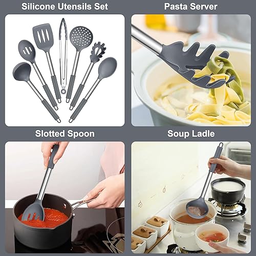 Miniatura 3 de E-far Juego de utensilios de cocina de silicona, 7 piezas de utensilios de cocina resistentes al calor con mango de acero inoxidable, espátula