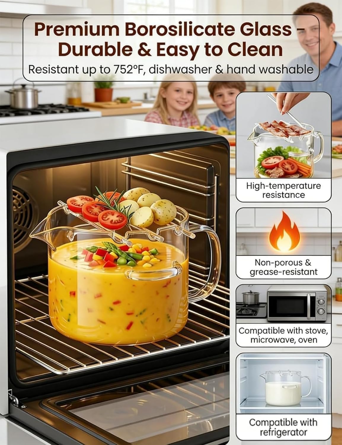 Glass Microwave Bacon Cooker, 2.1L/74 Oz Borosilicate Glass, Heat Resistant Non-Stick Oil Multifunctional Cooker with Grease Draining for Stove top, Oven, Home Kitchen, BBQ (1PC)