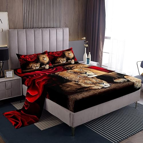 Miniatura 1 de Erosebridal Juego de sábanas para decoración de habitación de flores de rosas, sábanas con estampado de león de animales para niños, adolescentes,