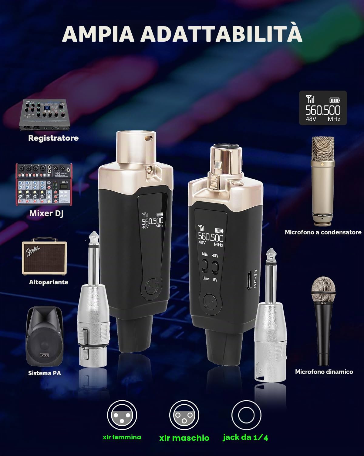 STRICH M2 UHF - Sistema microfono senza fili con adattatore XLR, 16 canali, trasmettitore e ricevitore per microfono dinamico, supporta alimentazione phantom da 9-24V, compatibile con mixer audio e