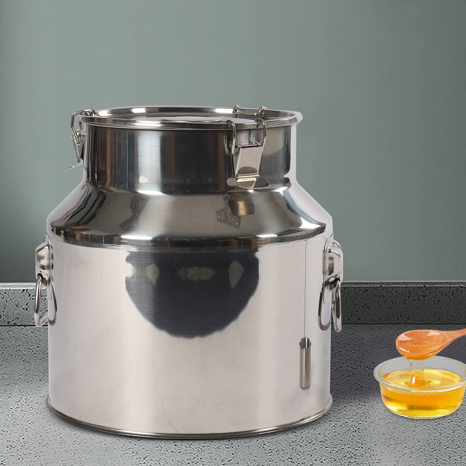Secchio per alimenti da 22 l, con misurino per vino, coperchio e morsetto di bloccaggio, contenitore ermetico in acciaio inox, per la conservazione di cereali, riso, olio da cucina o latte