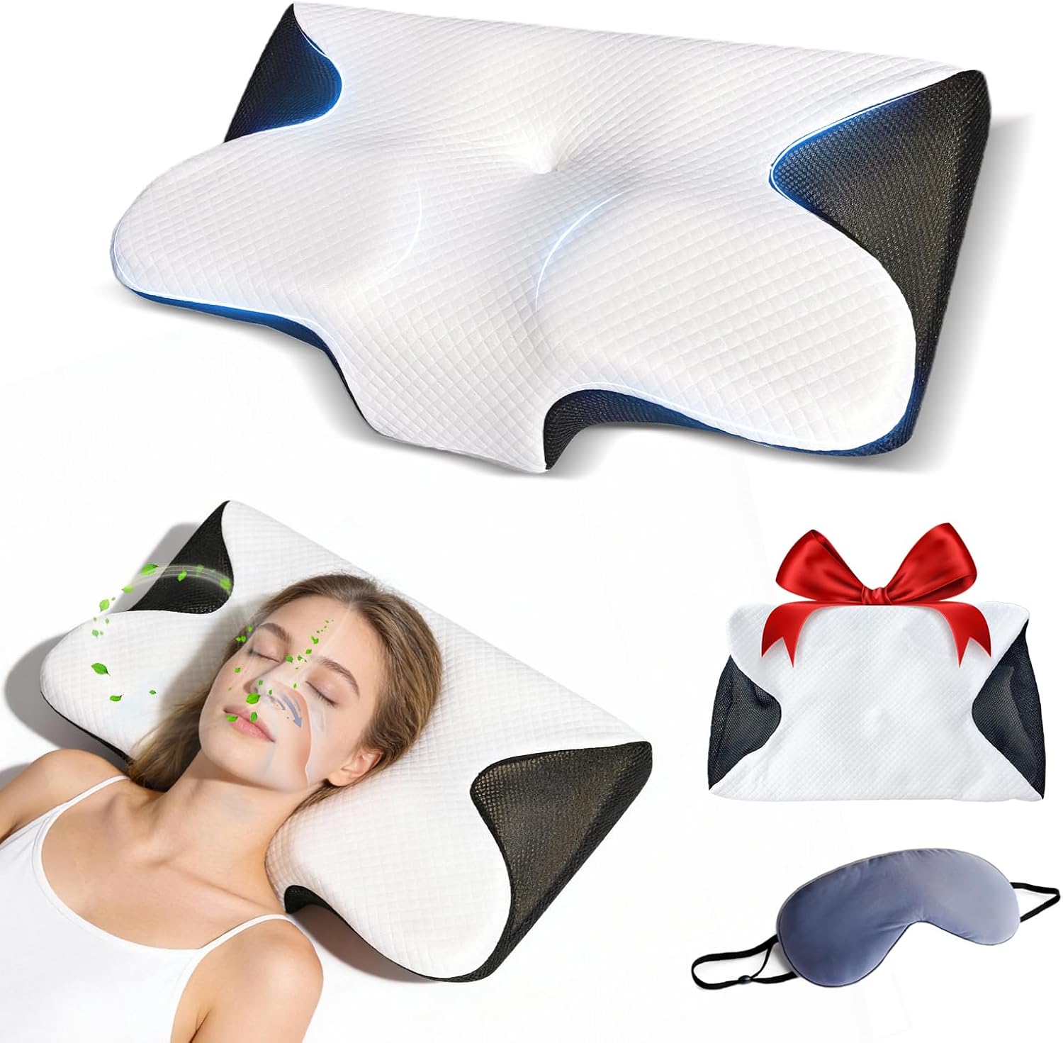 Sleep Apnea Pillow for Sleeping Snoring Ergo Cervical Neck Pillow with Memory Foam Pillow for Snoring Neck Pain Relief with Two Pillowcase (Black)