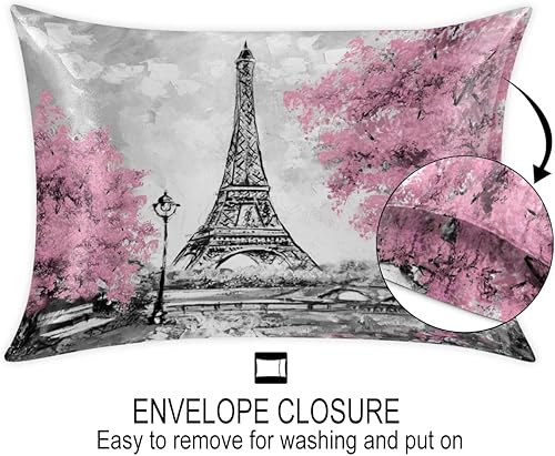 Miniatura 2 de Funda de almohada de satén con cierre de sobre para cabello y piel, funda de almohada de seda tamaño estándar francés París Torre Eiffel Street