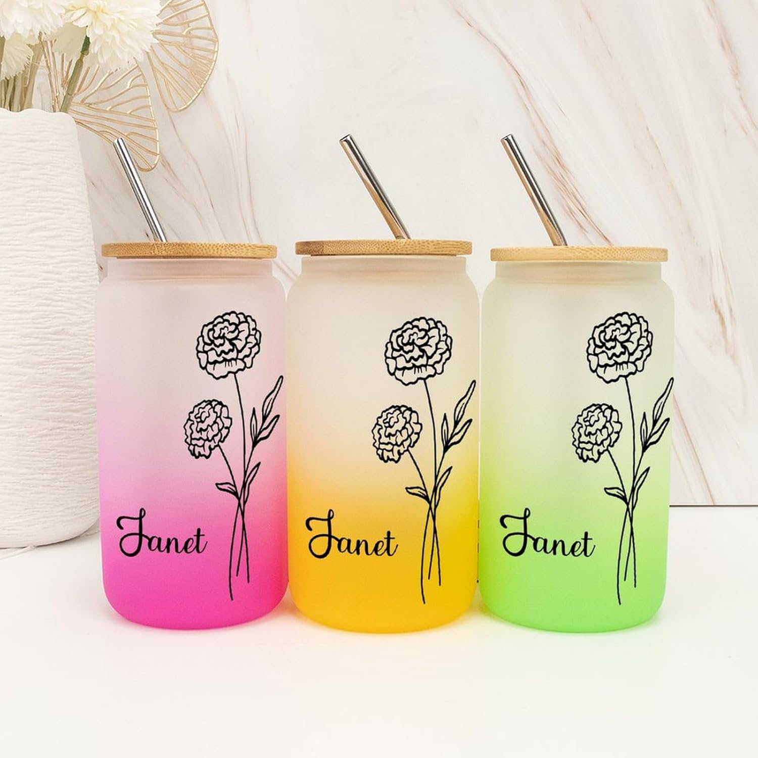 UanMere Mothers Day Gifts Personalized Birth Flower Glass Water Bottle with Bamboo Lid 16 Oz Iced Coffee Water Cups W/Lids Straws Holiday Women Gifts for Girlfriend, Teacher, October Bitrhflower