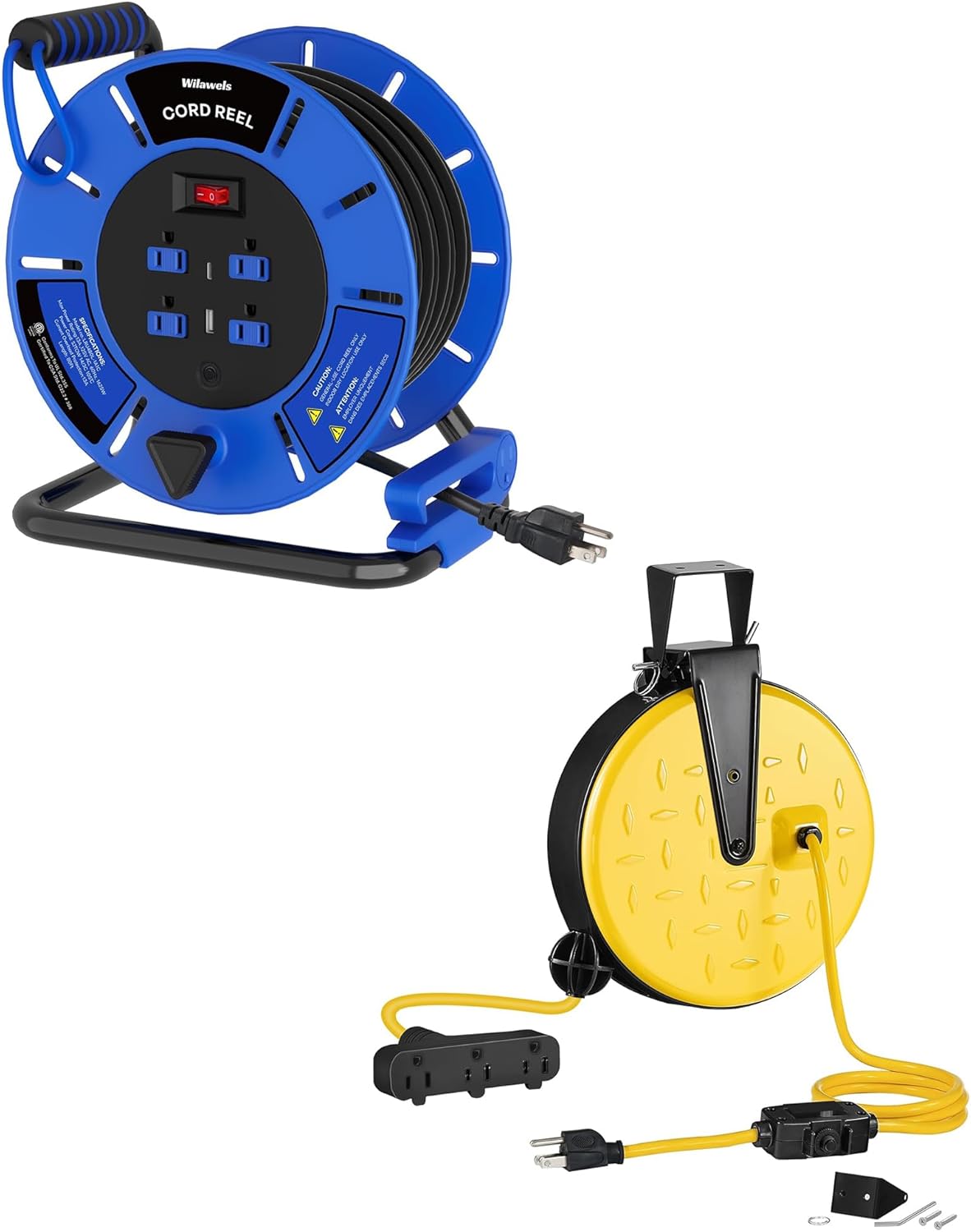 80 FT Retractable Extension Cord Reel and 30 FT Retractable Extension Cord Reel Bundle, for Indoor Outdoor Use U80ACR06-B30CR06