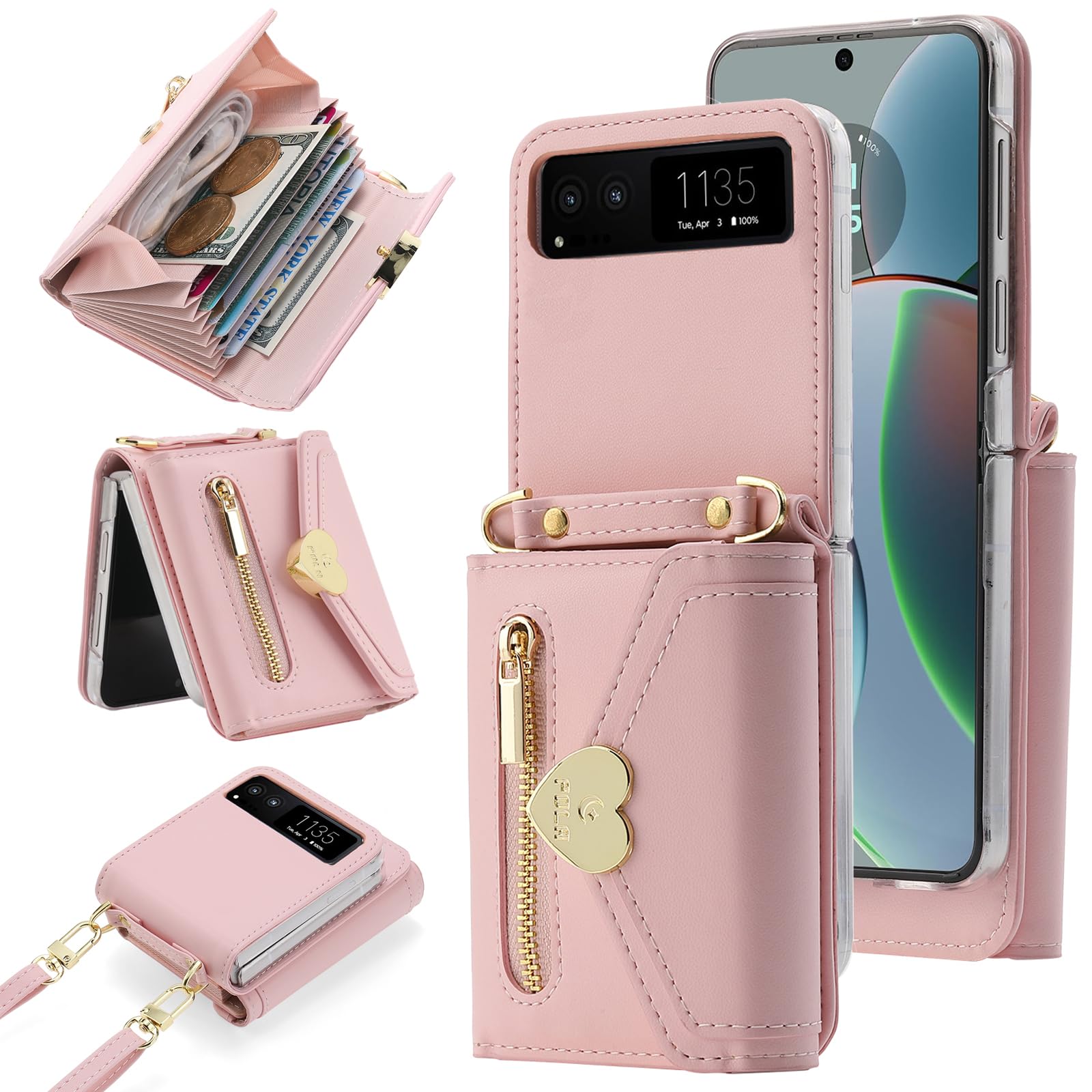 YQODSZ for Motorola Razr 2023 Wallet Case with Crossbody Strap, Motorola Razr 2023 Flip Case Credit Card Holder Heart Shaped Buckle Women Girls Leather Protective Case for Motorola Razr 2023 Pink