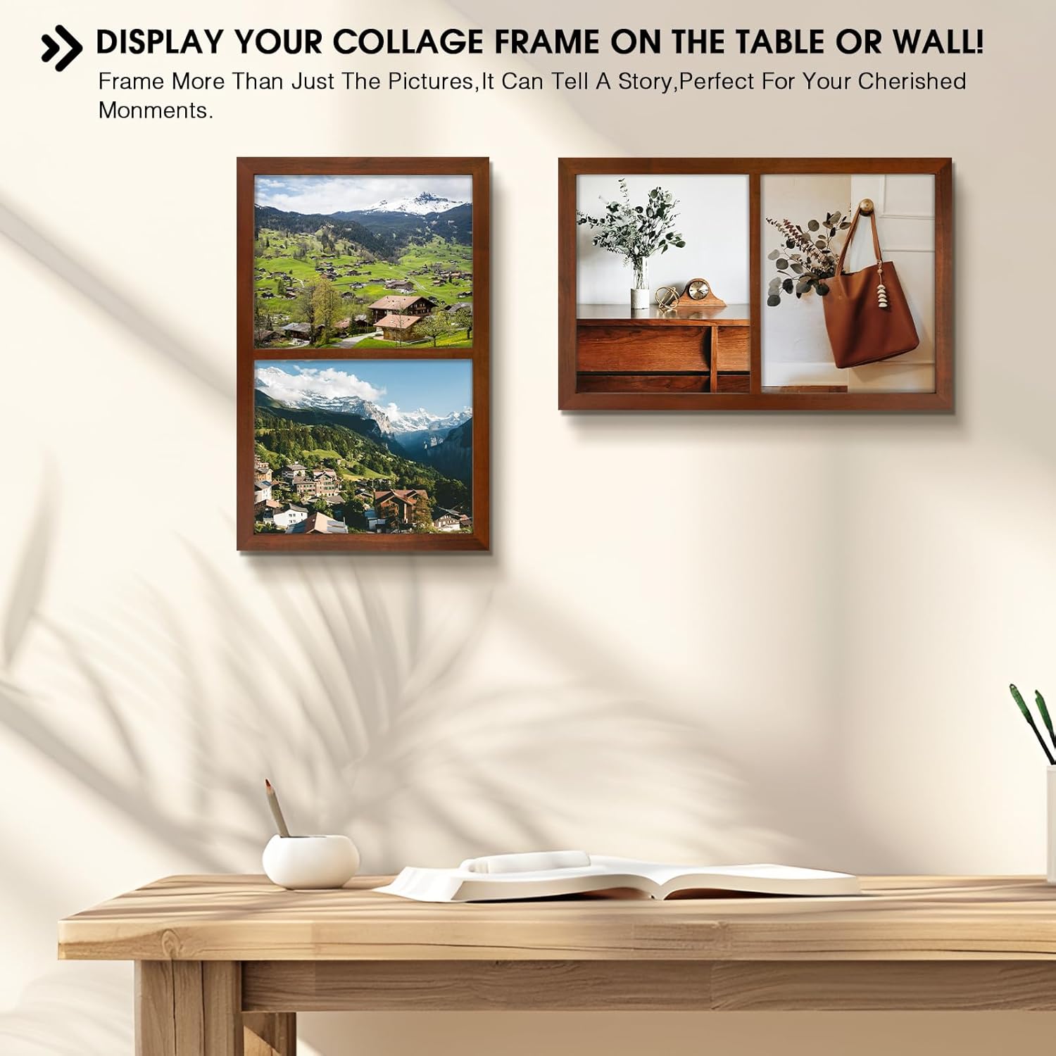 Golden State Art, 8x10 Double Picture Frame, Displays Two 8x10 Photos - Solid Wood - Real Glass For Wall Mounting (Brown, 2 Pack)