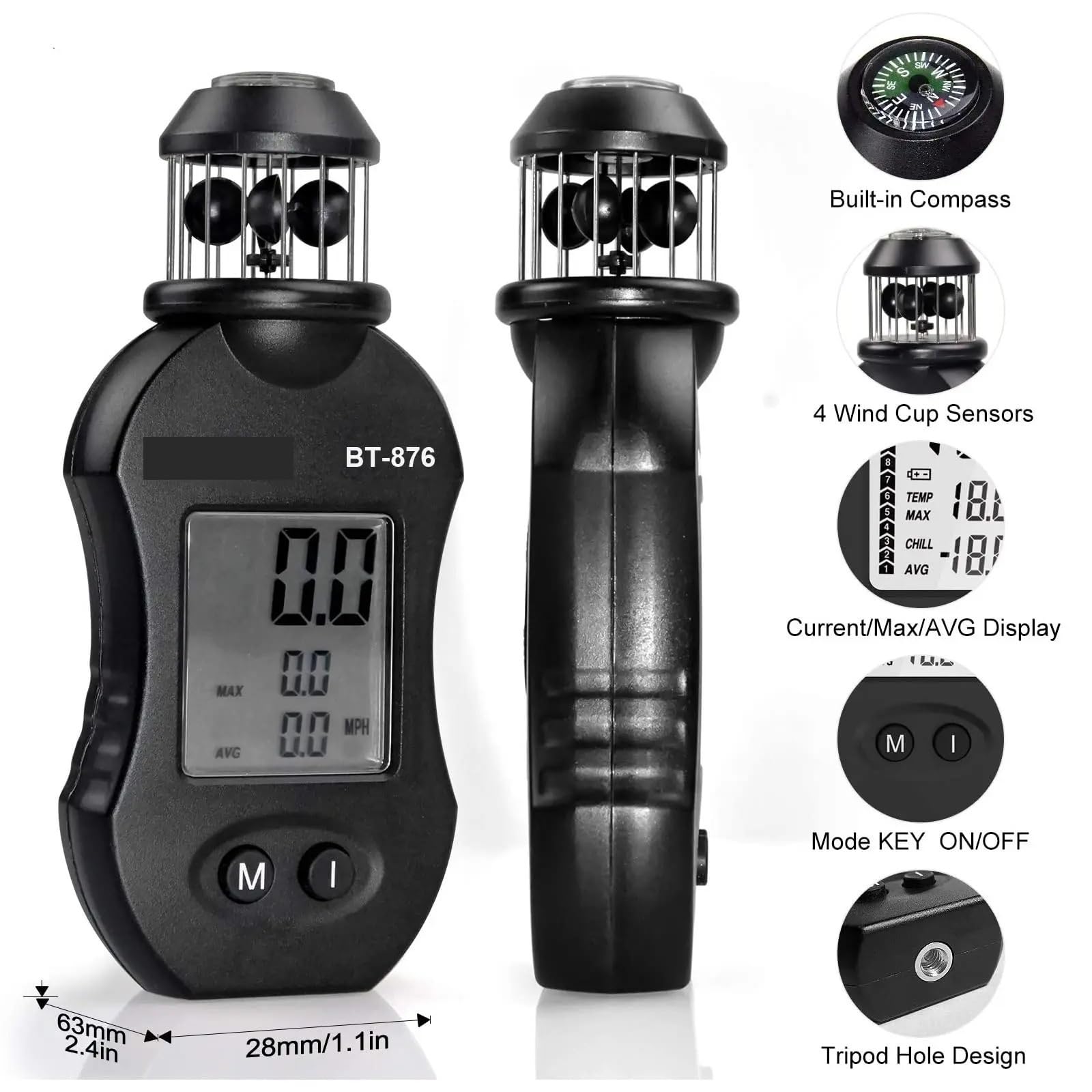 Anemómetro digital de copa, medidor de flujo de aire for medir la velocidad y el volumen en sistemas de ventilación de climatización, tiro y navegación.