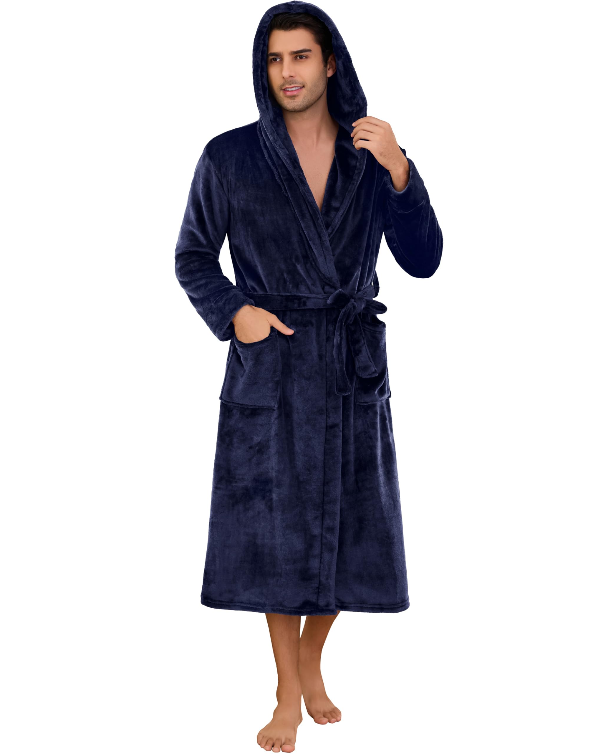 Lovasy Fleece Bademantel Herren Winter mit Kapuze | Bademäntel Langarm Flauschiger Loungewear Lang mit Taschen und Bindegürtel für Zuhause