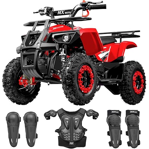 49cc Quad Bike 4-Wheeler Hydraulic Disc Brakes Front Rear Comfort Seat 90LB Max Weight Safety Kill Switch Full Protective Gear Red