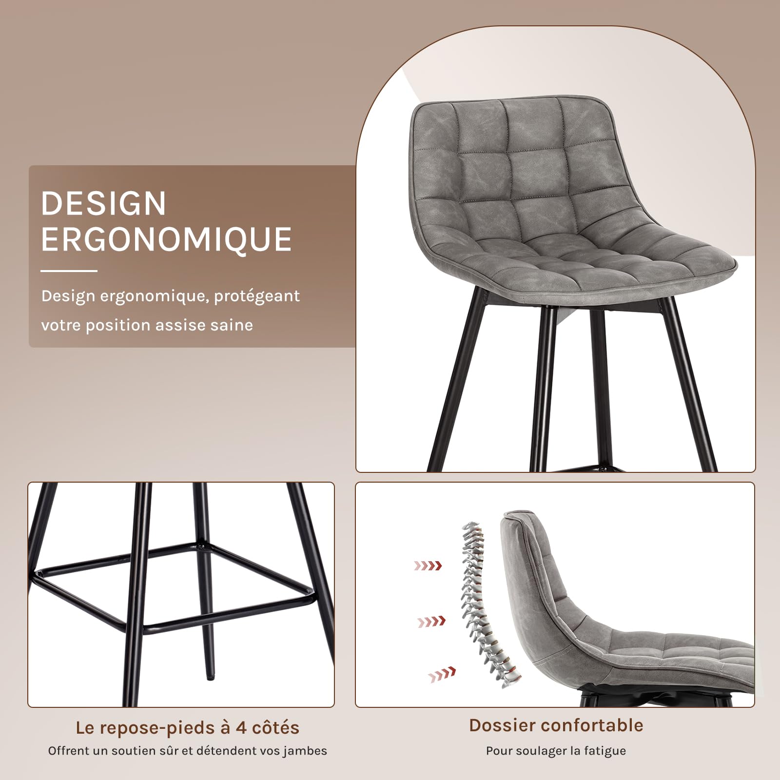WOLTU Lot de 2 Tabouret de Bar Design Chaise Haute pour Bar Bistro siège en Similicuir avec Repose-Pieds Cadre en métal,Gris Foncé