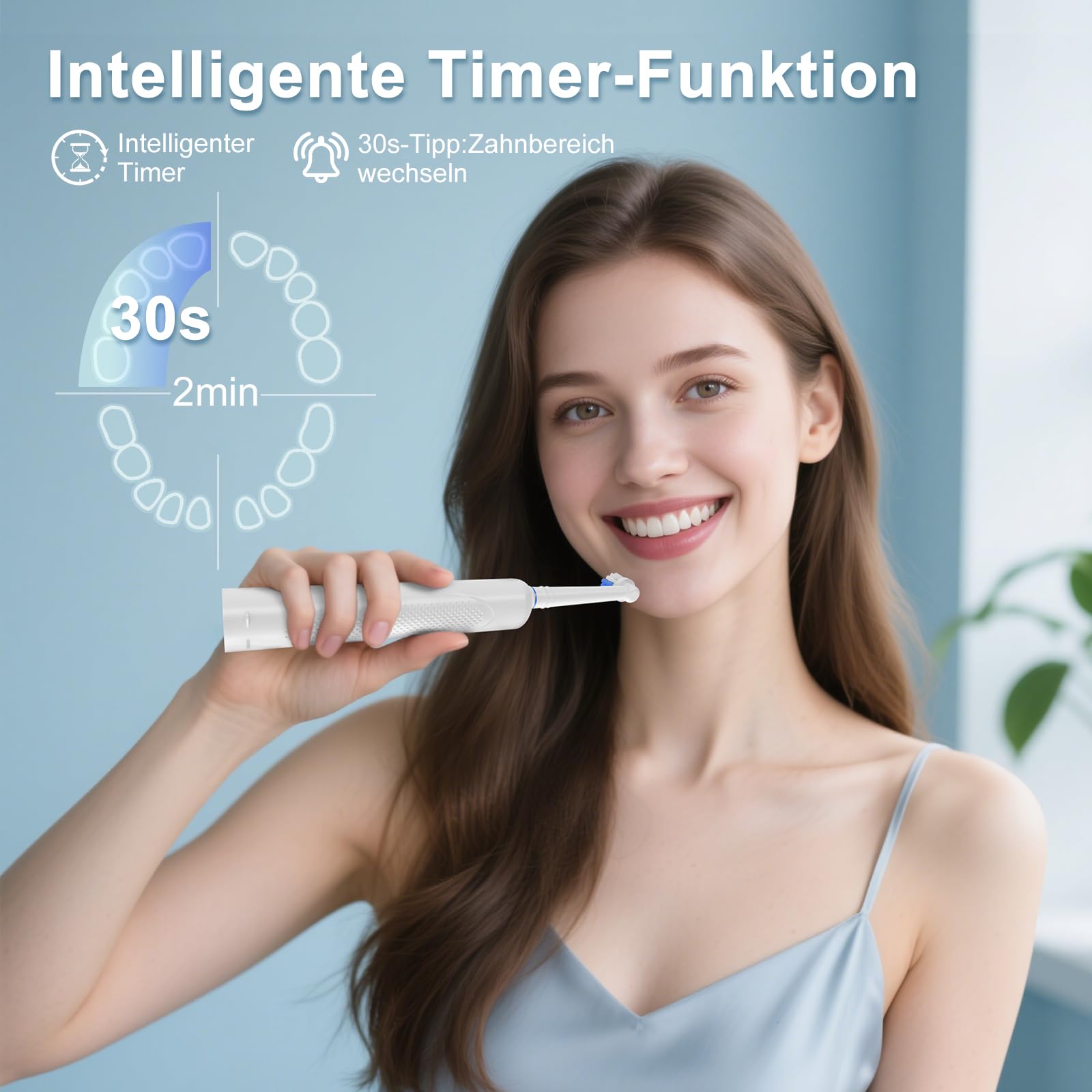 Brosse à dents électrique, rotative, pour adulte, avec 8 têtes de brosse (3 modes), puissance rechargeable et minuterie intelligente de 2 min, blanche