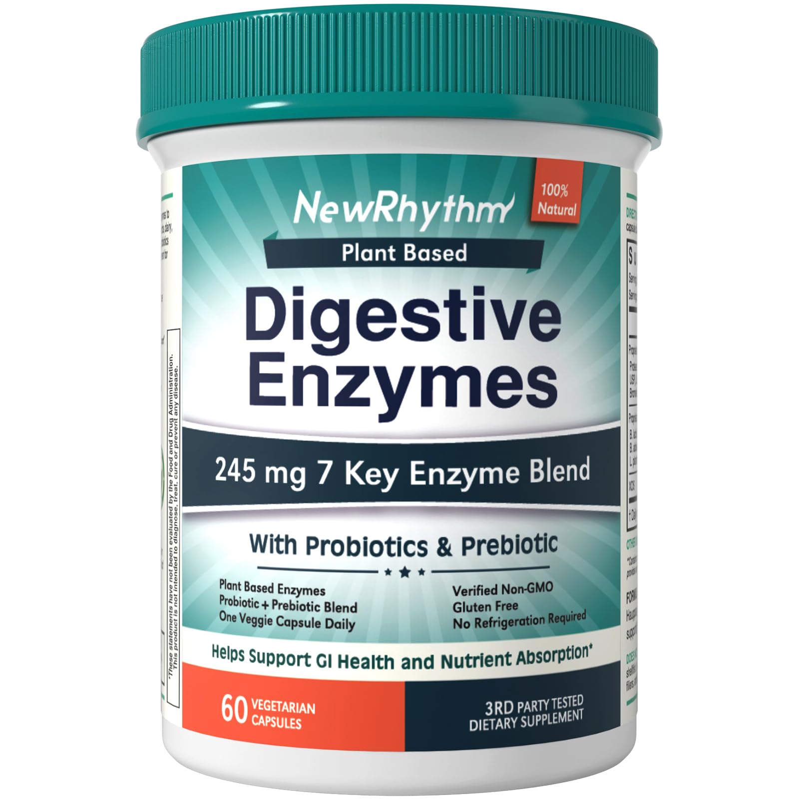 NewRhythmDigestive Enzymes 245 mg, with Probiotics and Prebiotics, Plant Based, 7 Key Enzymes, Digestion, Nutrient Absorption, Protease Amylase & Lipase, 60 Vegan Capsules