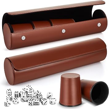 Liliful 2 Set Leather Dice Cups Include 10 Leather Game Cups, 50 Dice and 2 Storage Case with Magnetic Closure, Liars Game Gift for Party, Craps, BackgammonDark Brown