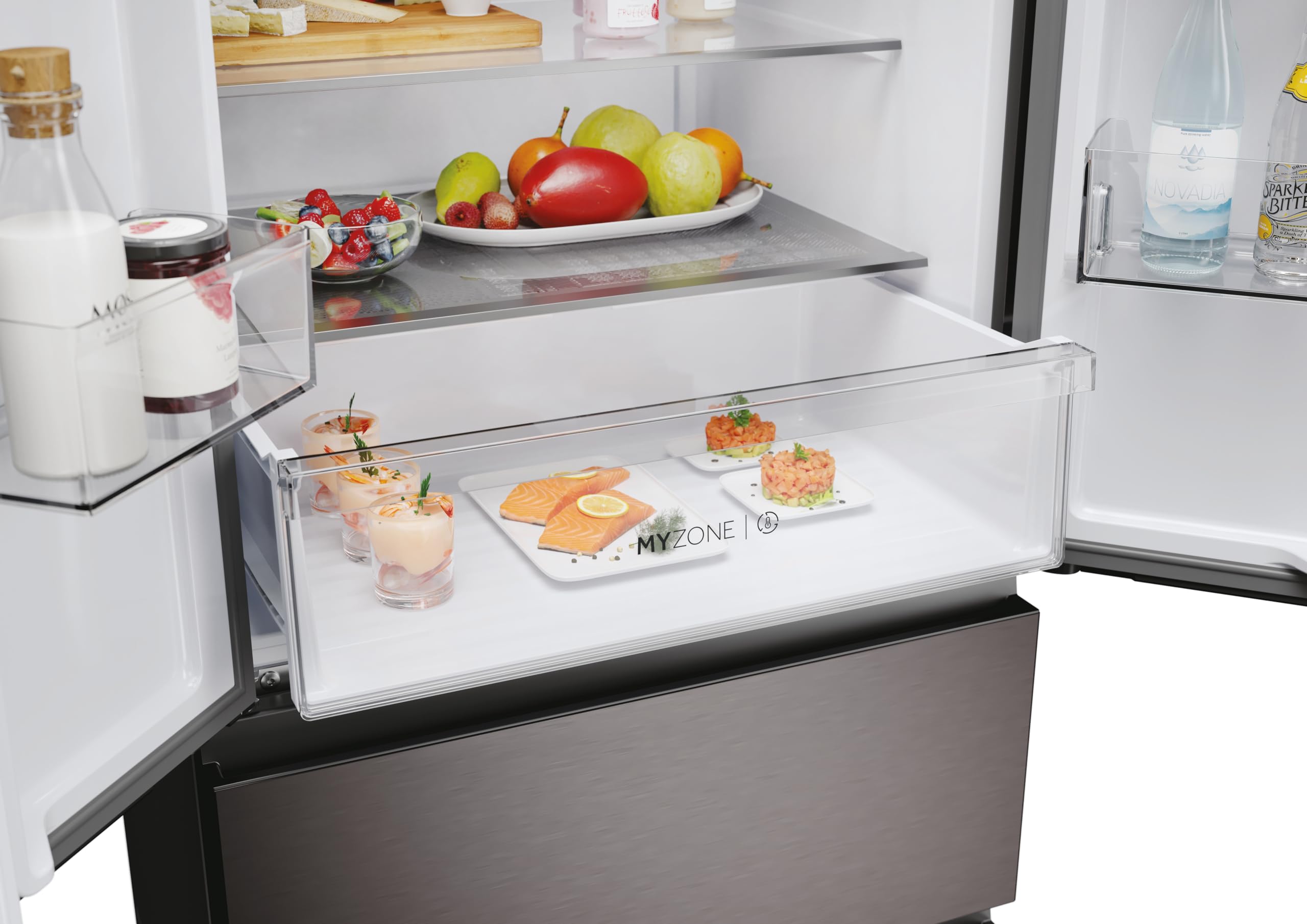 Haier FD 70 Serie 3, Frigorifero French Door, 2 Porte + 4 cassetti, 402 Litri, Total No Frost, Air Surround, My Zone, Libera Installazione, Classe E, (AxLxP) 177,5x70x68,8 cm, Dark Inox- HFR3718ENMD
