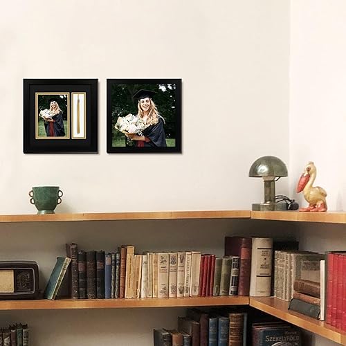 Miniatura 5 de Golden State Art Marco de graduación de 10 x 10 pulgadas con cristal real, se adapta a fotos y borlas de 5 x 7 pulgadas, doble paspartú (negro sobre