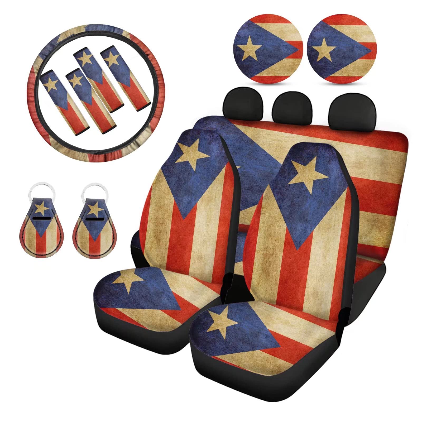 Howilath Puerto Rico Flag Print 13 Pieces Auto Accessories Set Car Seat Covers Full Set,Steering Wheel Covers,Seat Belt Shoulder Pads,Keychains,