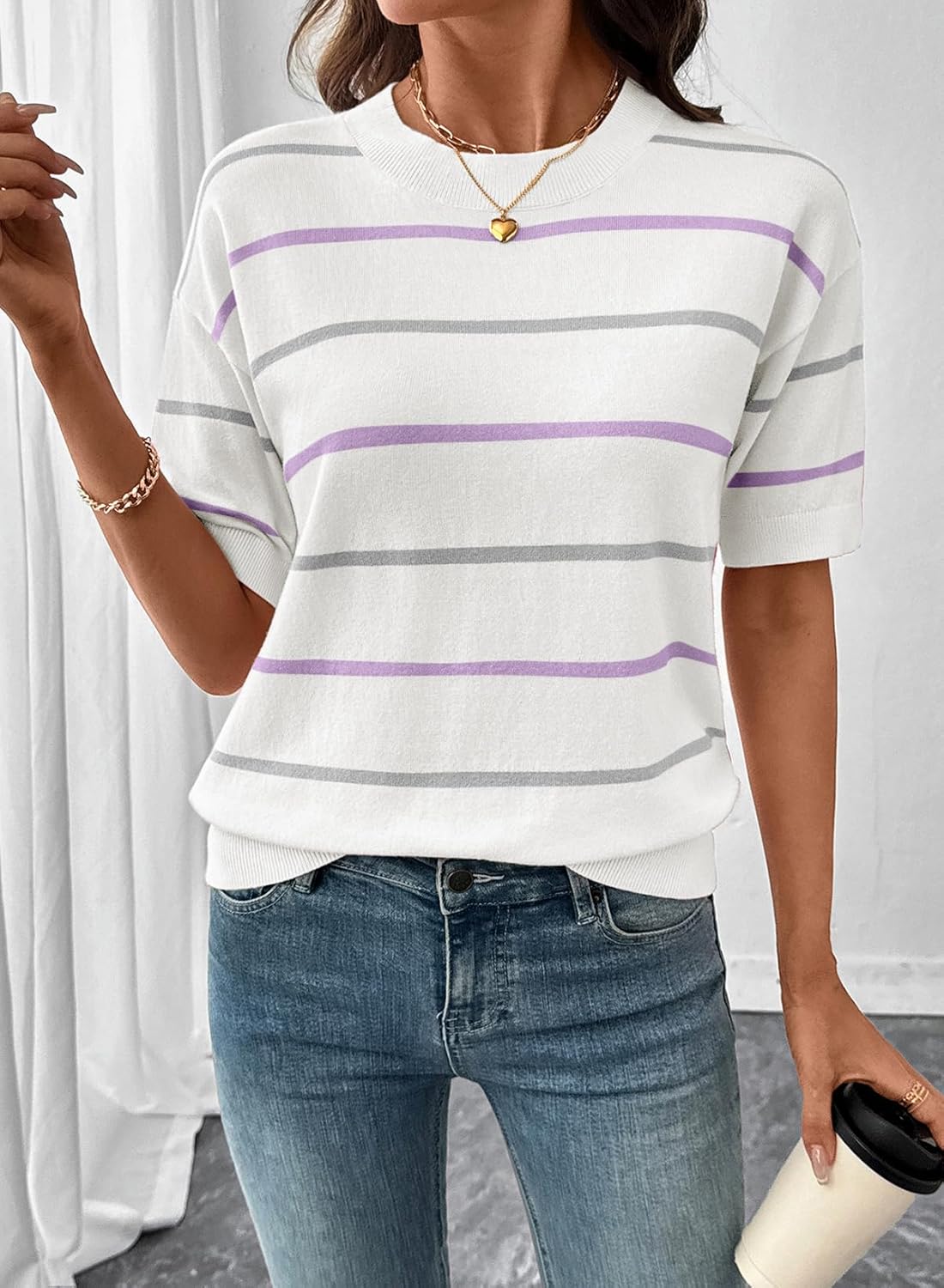 SHEWIN Womens Tops Crewneck Short Sleeve Sweater Pullover Knit Striped Shirt Spring Outfits for Women 2026 - Image 3