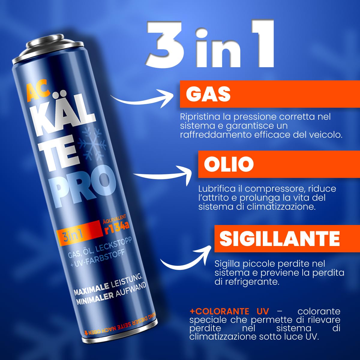 refrigerante 3 in 1 R134a con Olio e sigillante, 500 ml, per Auto dal 1995 al 2016, qualità UE (1 lattina + Tubo)