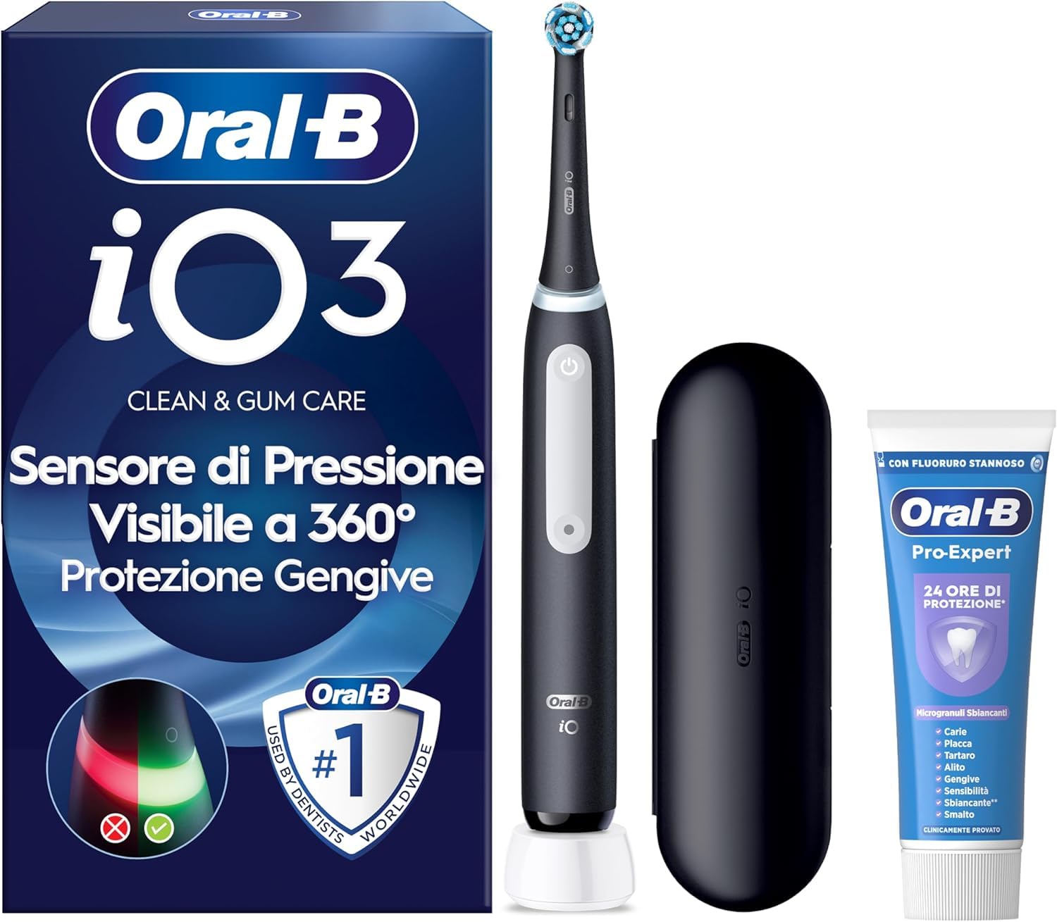 Oral-B Brosse à dents électrique rechargeable iO 3 noir, 1 brosse à dents électrique, 1 brosse de rechange, étui de voyage + dentifrice Oral-B Pro-Expert blanchiment en douceur, nettoyage des dents