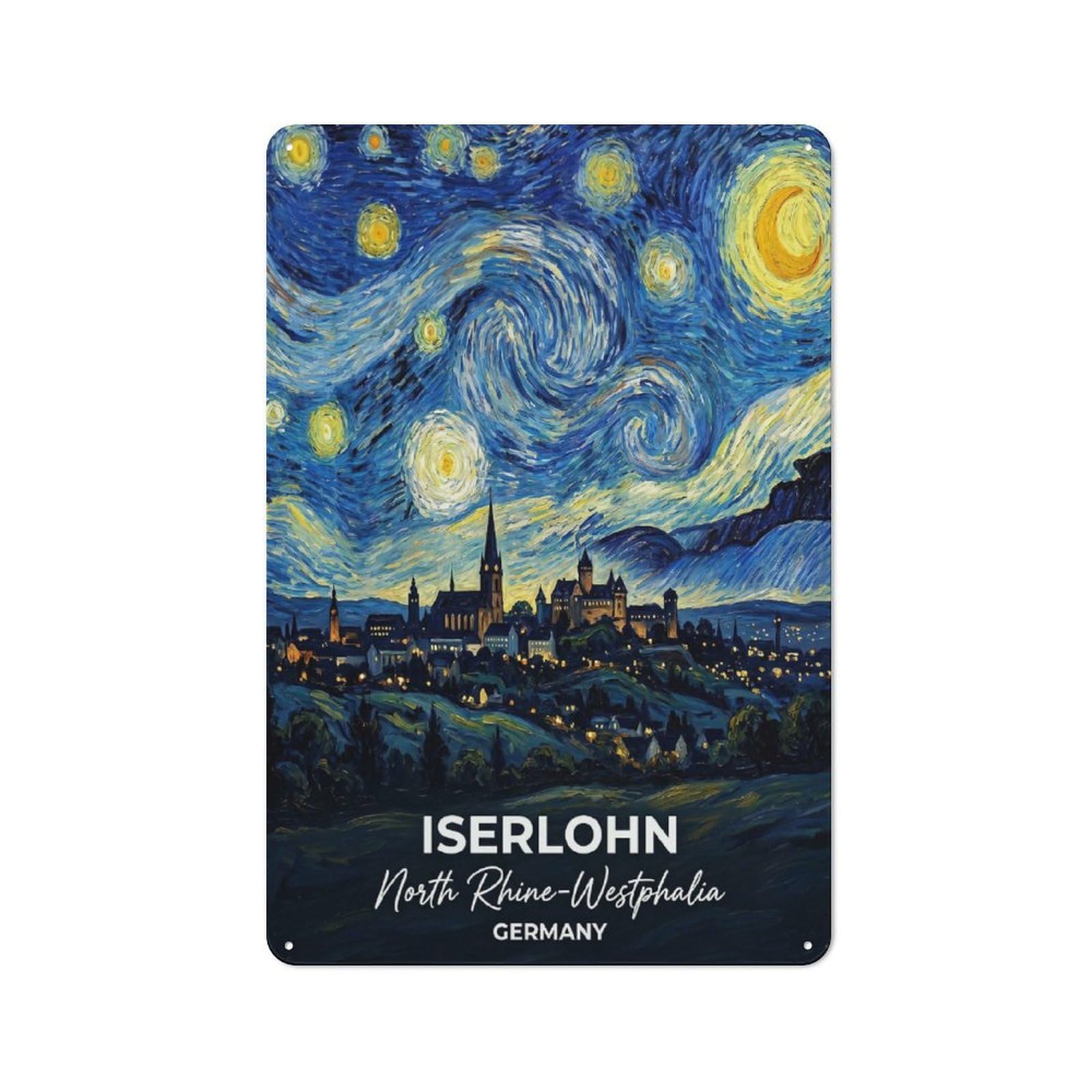Junmoney Style-20 Urban Metal Wall Art Sign 30X20cm Featuring Iserlohn Germany Starry Night, Studio Wall Art For Modern Home, Workshop, Office Or Cafe