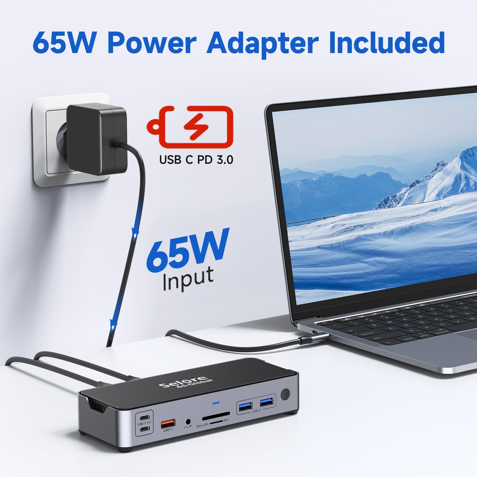 Station D'accueil USB C 15-en-1 - Bloc 65W, Double écran HDMI, Ethernet Gigabit, Ports USB 3.1 - Pour PC Portable