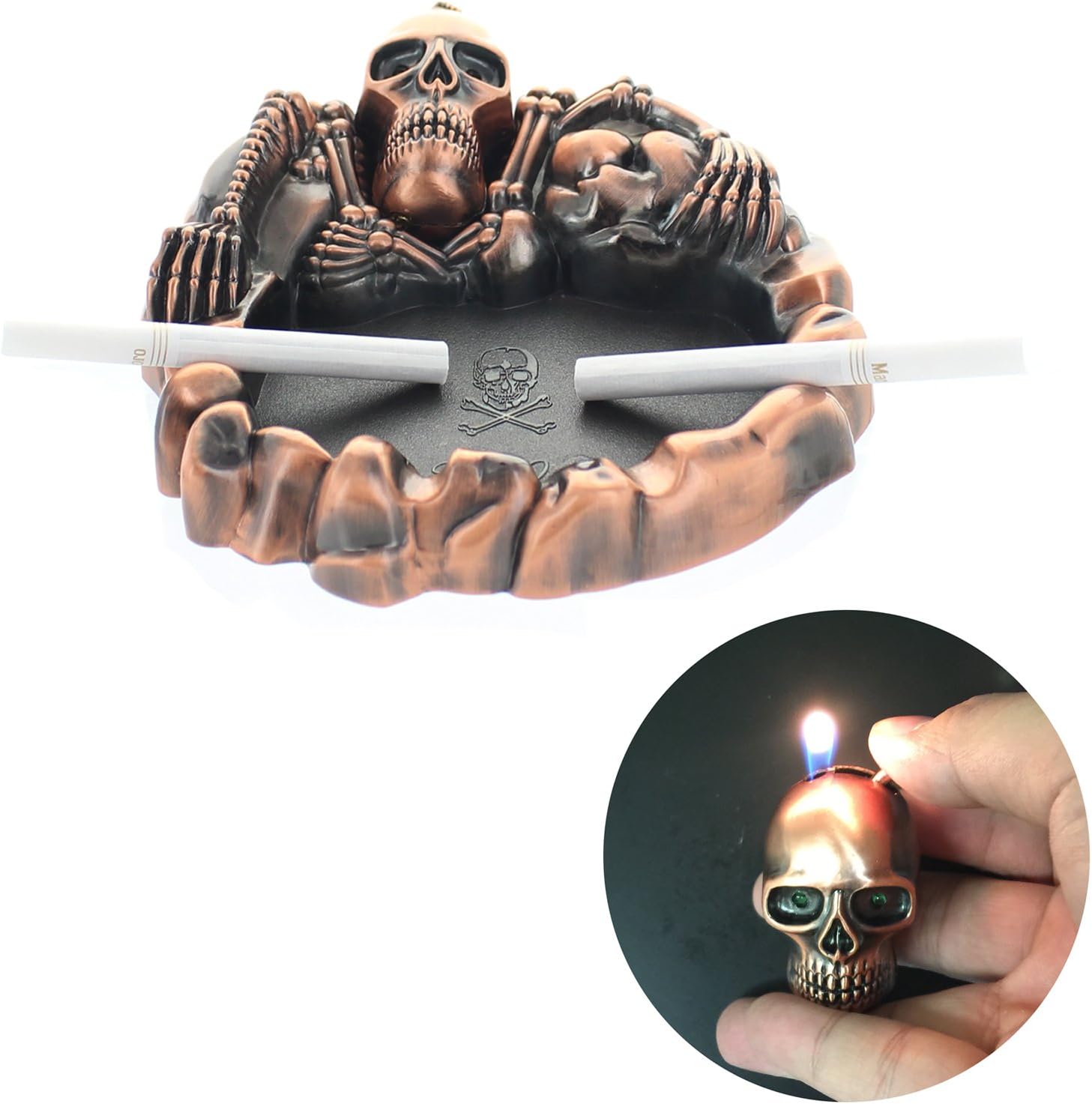 eSmart Novelty Bronze Skeleton Cigratte Ashtray Lighter Set