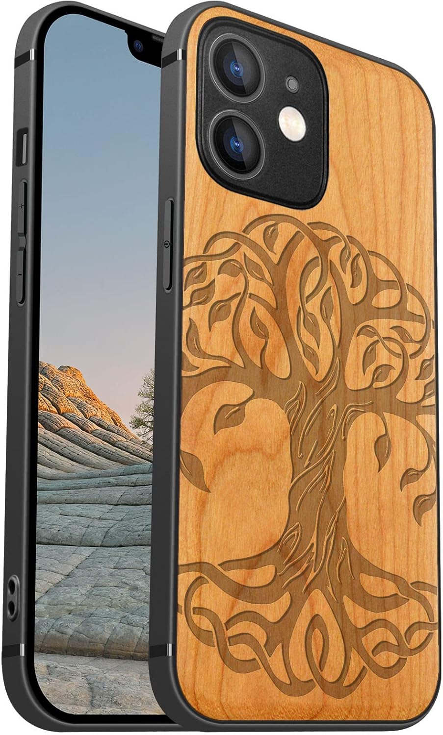 Carveit Magnetic Wood Case for iPhone 12 Mini Case [Hard Real Wood & Soft TPU] Shockproof Hybrid Protective Unique & Classy Wooden Cover Compatible with MagSafe (Celtic Tree of Life-Cherry)