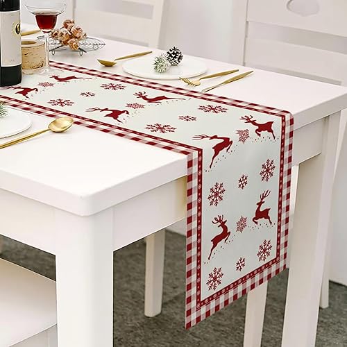 Miniatura 10 de Camino de mesa de Navidad con copo de nieve blanco, camino de mesa rojo de Feliz Navidad, decoración de mesa de comedor de cocina de vacaciones de