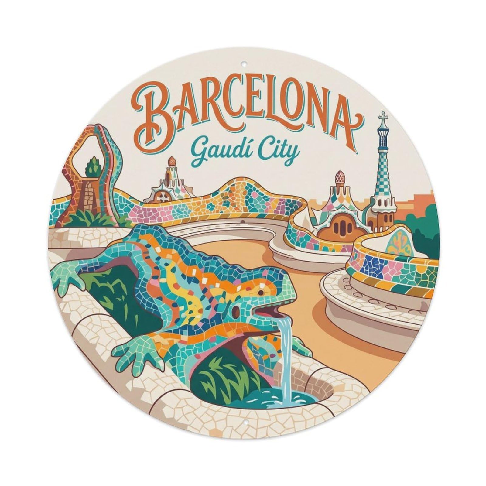 Vintage Barcelona Mosaic Park Catalan City Travel Landmark Metal Tin Sign Plaque Wall Decor for Cafe, Man Cave, Club Bar, Office, Home Garden Round Metal Poster 8x8Inch