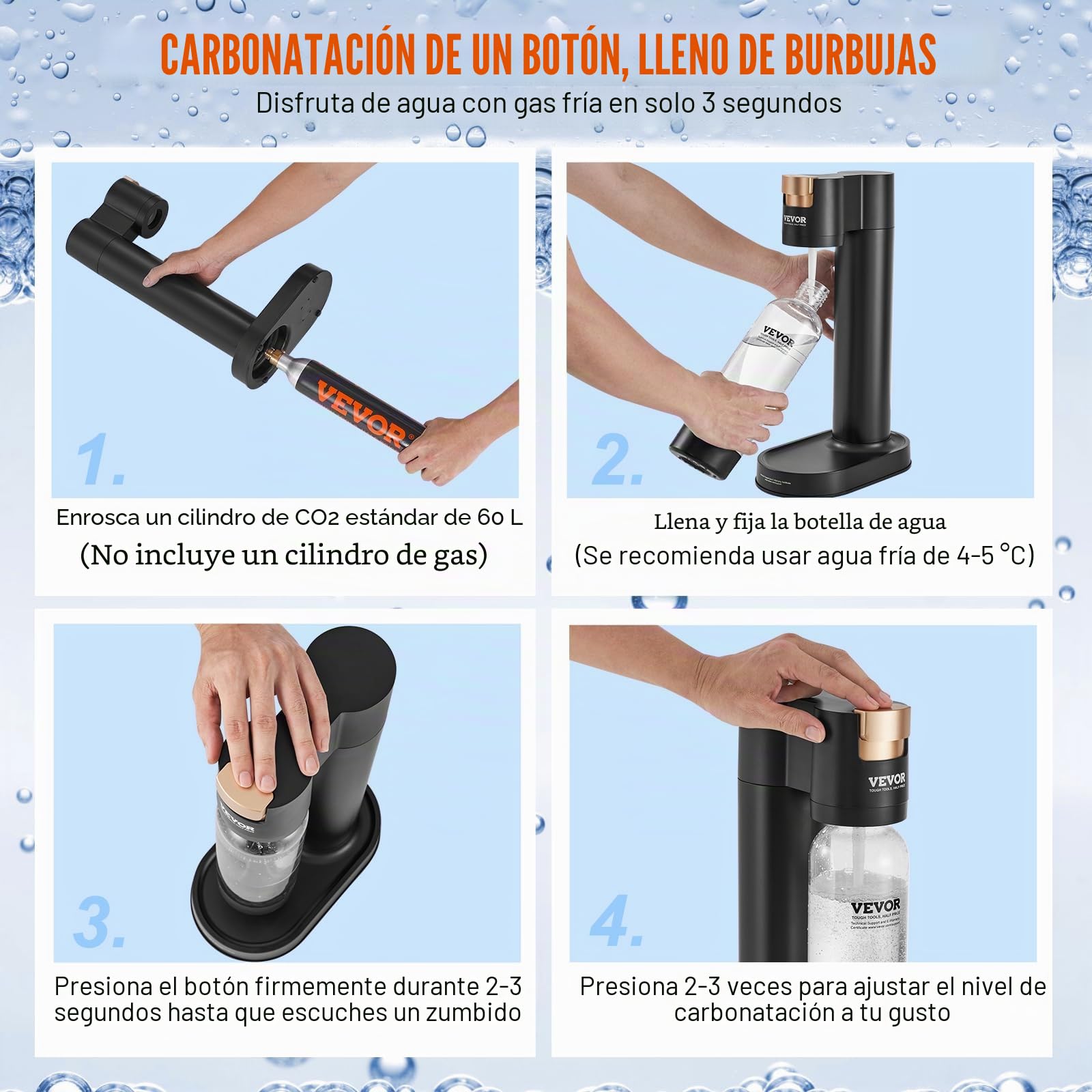 VEVOR Máquina para Hacer Agua con Gas, Máquina para Hacer Refrescos para Carbonatar en el Hogar, Kit de Inicio de Agua con Gas, Compatible con Cilindro de CO₂ de 60 Litros Atornillado, Negro