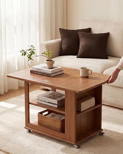 Expandable Coffee Table with Hidden Storage and Wheels, Convertible Wood