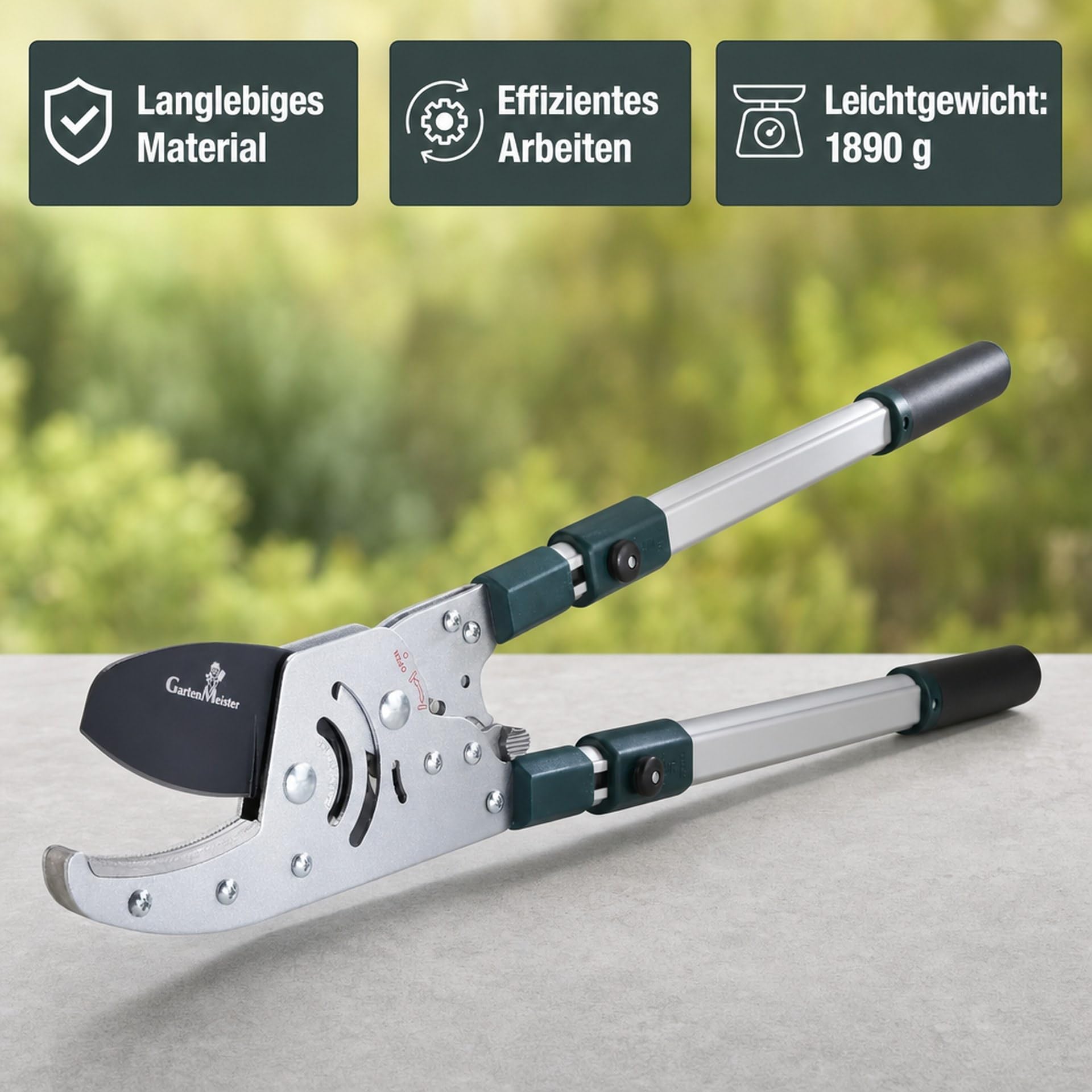 Sekator z ratchetem Amboss Astratschenschere teleskopowy 50 mm cięcia, hartowane ostrza, antypoślizgowe uchwyty, lekki 1890 g do grubych gałęzi w ogrodzie