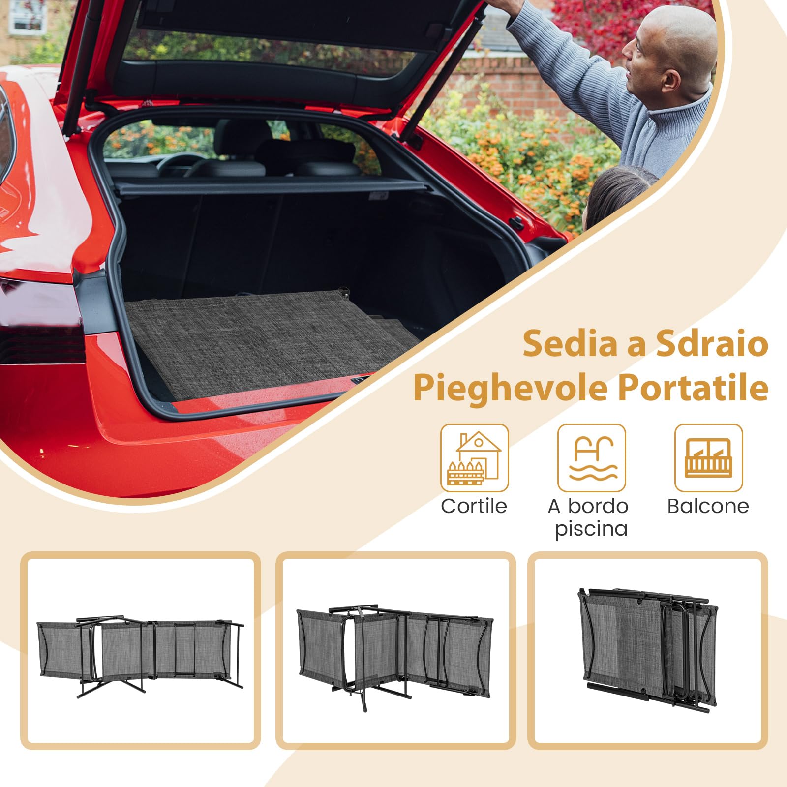COSTWAY Set di 2 Lettini Prendisole da Giardino, Sdraio Pieghevoli con Schienale e Poggiapiedi Regolabili, in Tessuto Textilene con Braccioli, per Terrazza e Piscina, Portata 150 kg (Grigio)