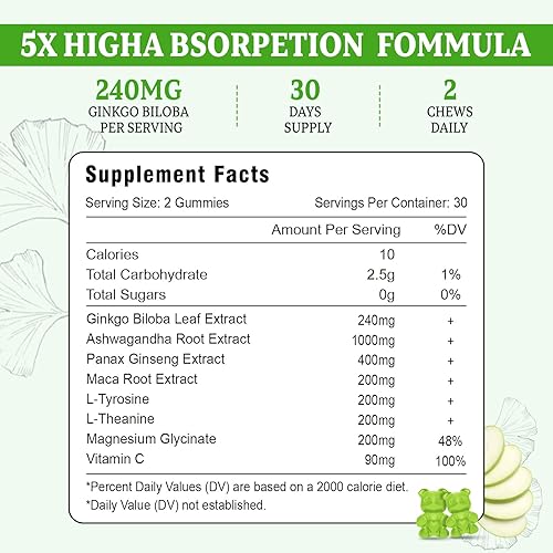 Miniatura 2 de Ginkgo Biloba - Gomitas con raíz de maca Ashwagandha Panax Ginseng para un mejor estado de ánimo y concentración, potenciador de energía tradicional