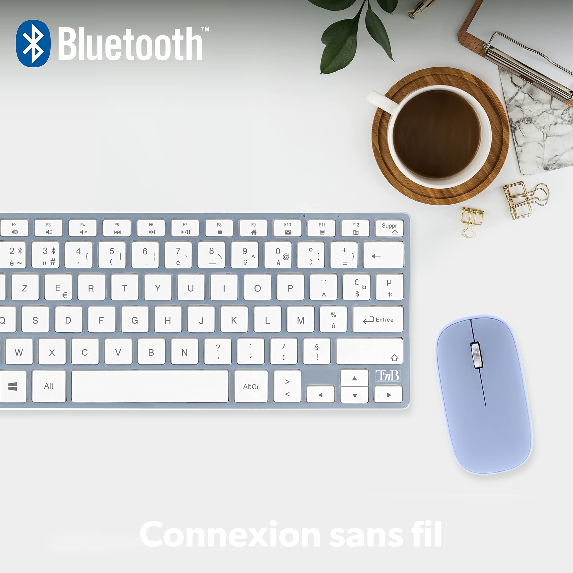 T’NB Clavier et Souris sans Fil Bluetooth, Clavier Aluminium, Design Coloré, Rechargeable Haute Autonomie, Souris Silencieuse, Compatible Windows – Bleu