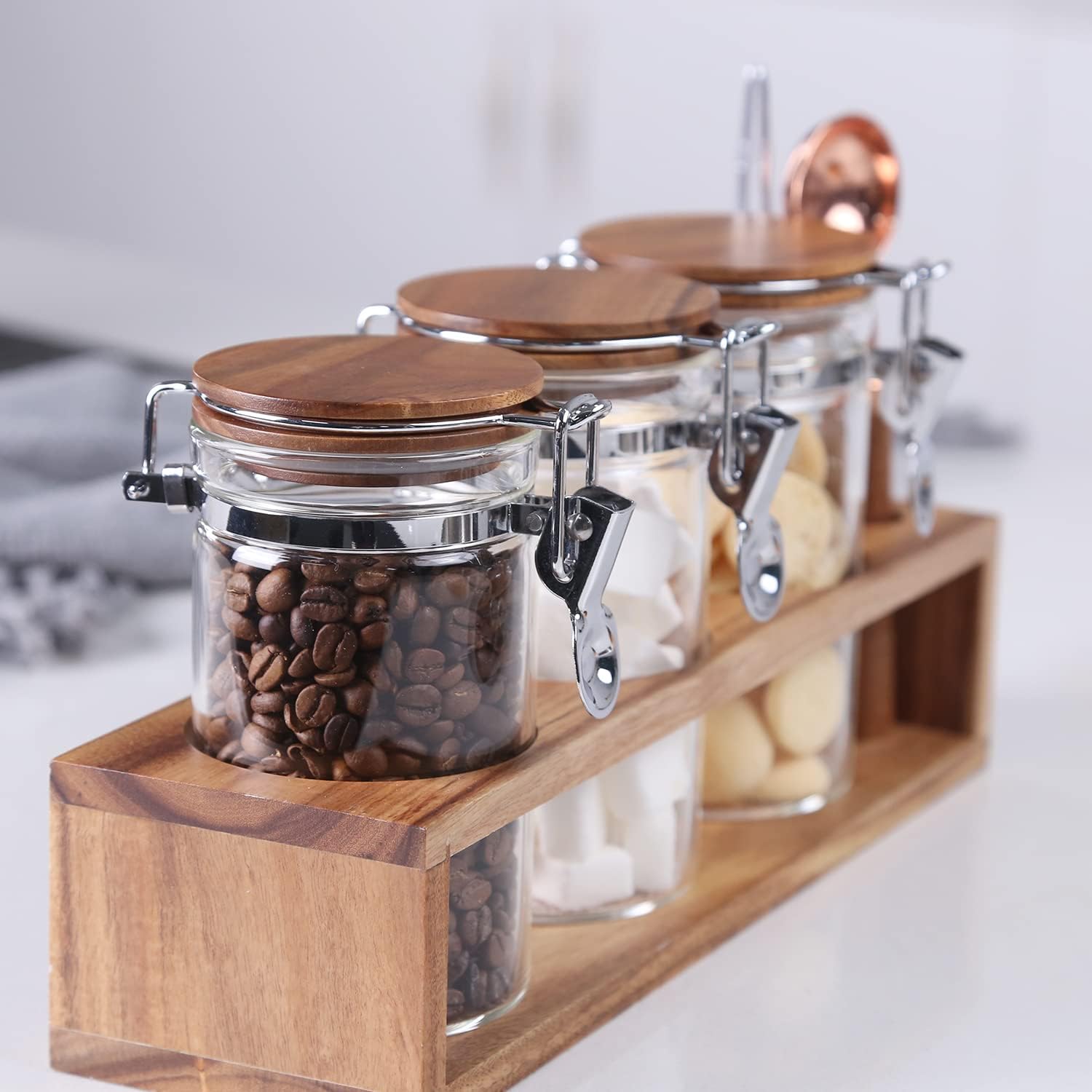 KKC HOME ACCENTS Glass Food Storage Jars with Airtight Wood Lids, Vacuum Borosilicate Sealed Glass Cansisters with Locking Clamp Lids and Scoop for Tea,Sugar,Ground Coffee 13 Fluid Ounces
