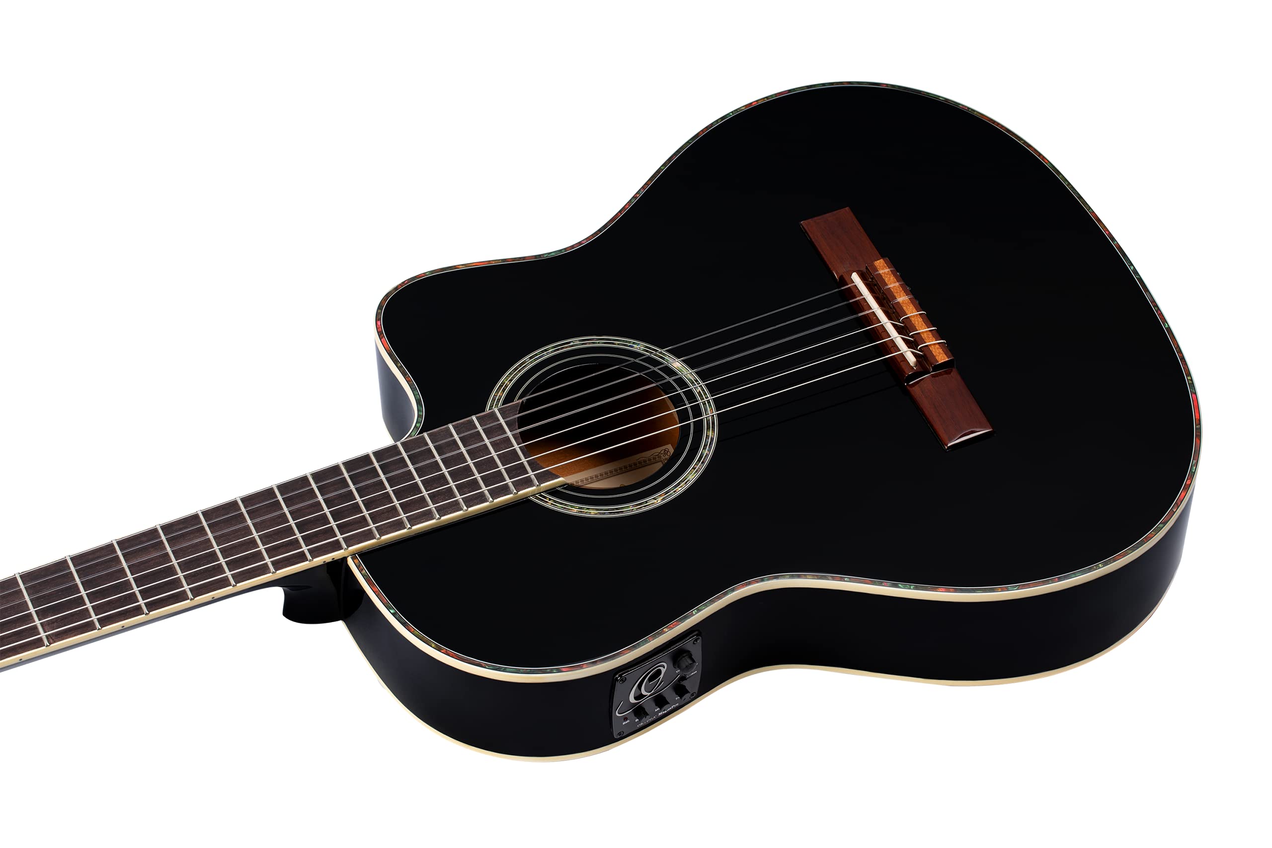 Ortega Guitars Konzert Gitarre Elektro-Akustisch – 4/4, Slim Neck, Thinline Body – Family Series Pro – Inklusive Gig Bag – Massive Engelmann Fichte, Mahagoni, Schwarz (RCE145BK)