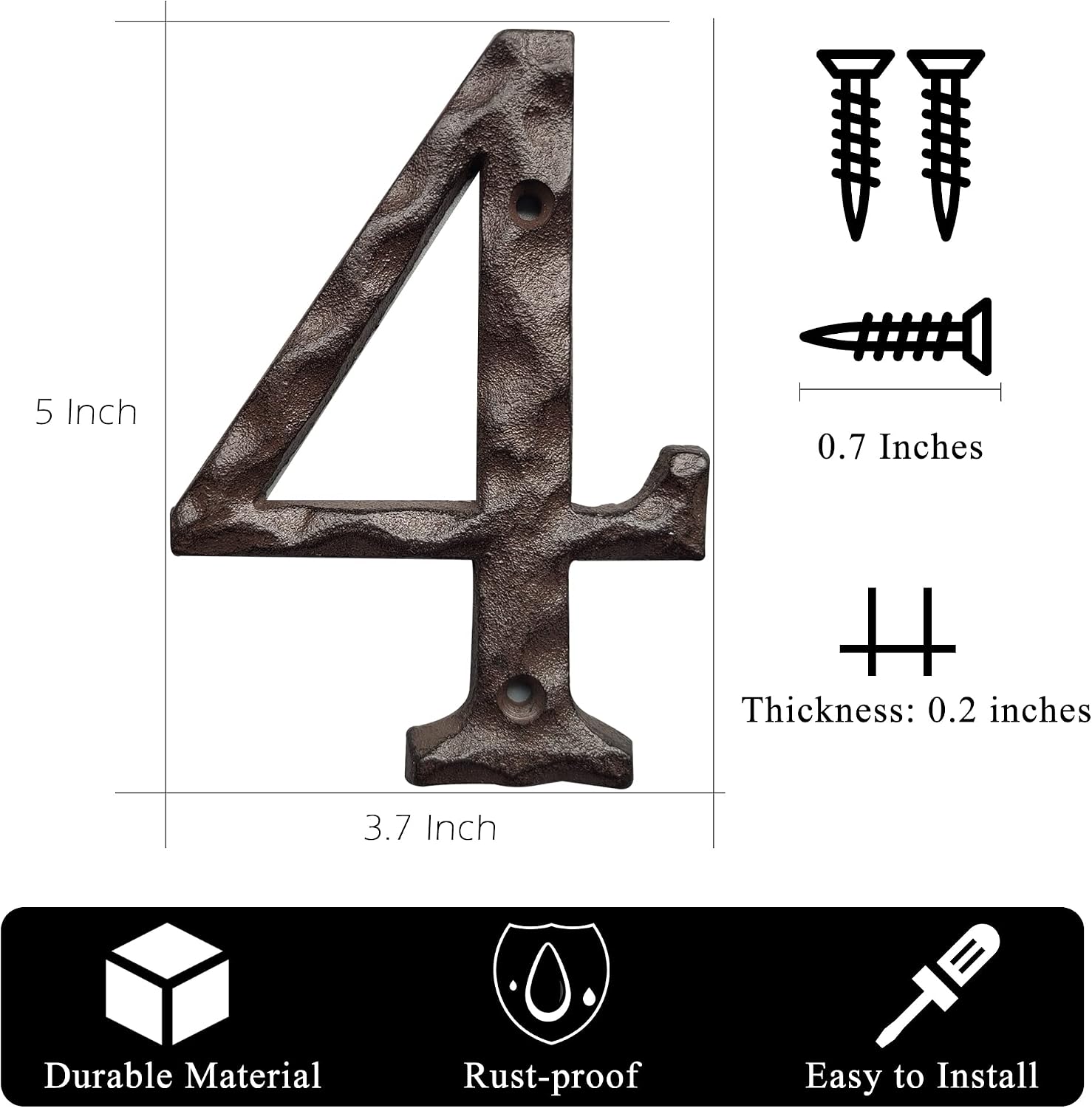 House Numbers for Outside Modern -5 Inch Rustic Address Number/Mailbox Number- Solid & Heavy Duty/Easy Install with Matching Screws-Number 4