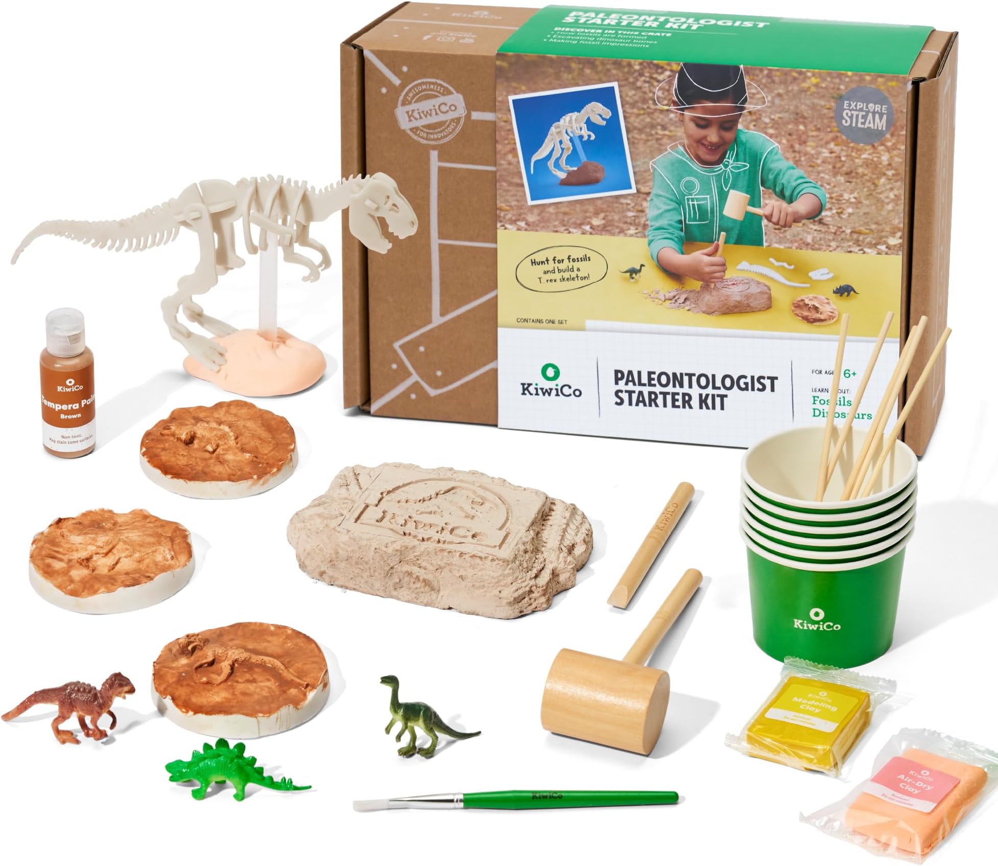 KiwiCo Dinosaur Fossil Dig Kit, STEM Paleontology Science Set for Kids Ages 6+, Excavate and Build Skeleton, Facts Poster