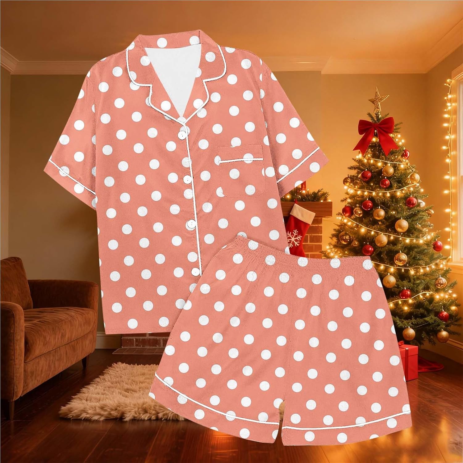 Women Pajama Set Polka Dot Short Sleeve Button Down Lapel Shirt and Shorts Sets 2 Piece Sleepwear Soft Loungewear